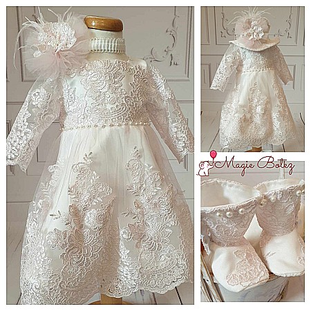 Rochite Botez - Rochita de botez roz fete fetite Antoinette - set elegant organza si dantela