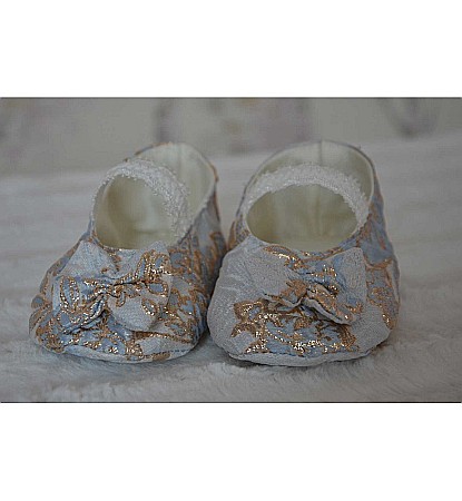 Rochita de botez vara Biserica Brocart Bleu - set elegant cu voaleta si botosei, 3 piese [3]