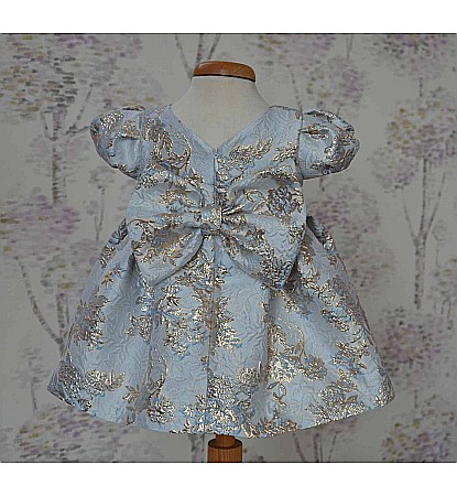 Rochita de botez vara Biserica Brocart Bleu - set elegant cu voaleta si botosei, 3 piese [1]