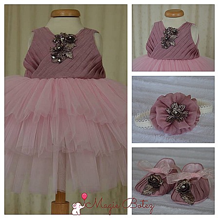 Rochite Botez - Rochita roz de botez fete fetite penru vara, Florenta- set vesel cu organza si tull, 3 piese