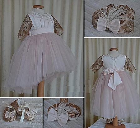 Rochite Botez - Rochita roz de botez pentru vara fete bebelusi, Maya- set elegant tull si dantela, 4 piese