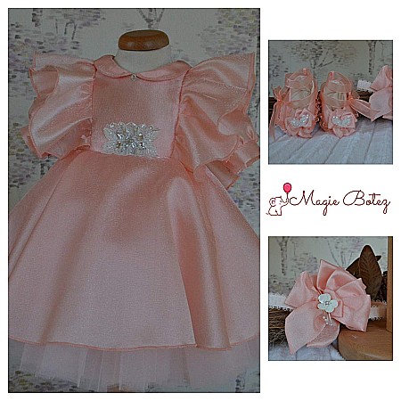 Rochite Botez - Rochite botez bebe fetite MARGARET- set elegant organza corai, 3 piese