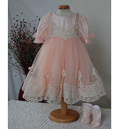 Rochite botez bebe- Rochita botez fetite ANAIS organza si dantela beige, 3 piese [1]