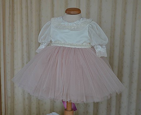 Rochite botez bebe roz de vara EVA - set elegant cu dantela si tull roz prafuit, 3 piese [1]