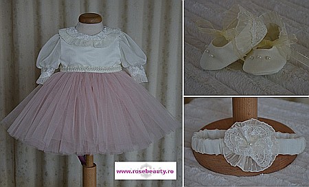 Rochite botez bebe roz de vara EVA - set elegant cu dantela si tull roz prafuit, 3 piese [2]