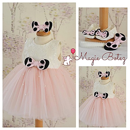 Rochite Botez - Rochite botez bebe roz de vara MINNIE DRESS - set dantela si tull fin, 3 piese