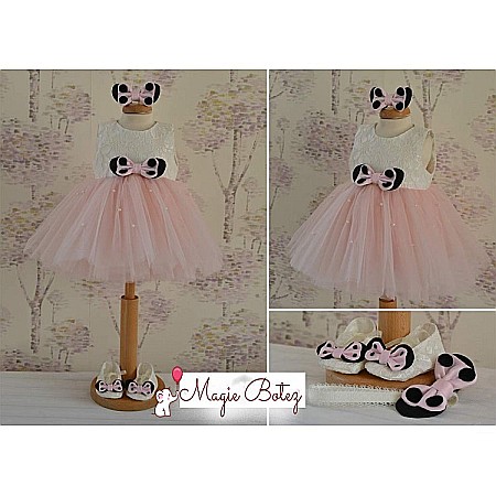 Rochite botez bebe roz de vara MINNIE DRESS - set dantela si tull fin, 3 piese [1]