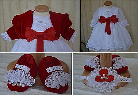 Rochite Botez - Rochite botez fete Princess in Red - set catifea rosie si dantela, 4 piese