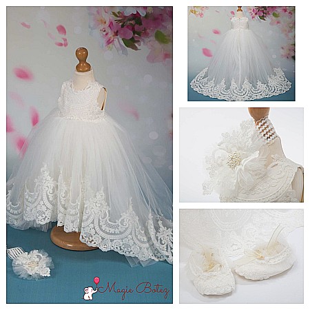 Rochite Botez - Rochite botez fete, set dantela alba MARIA ANTOANETA, 3 piese