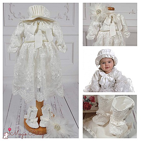 Rochite Botez - Rochite botez fetite Roberta- set elegant superb din dantela alba, 4 piese