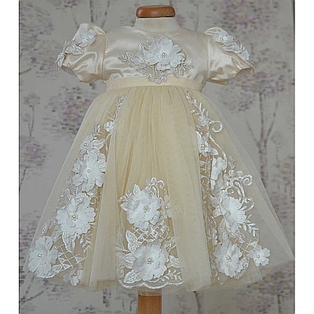 Rochite de botez fetite bej de vara cu dantela 3D, eleganta si suava, 3 piese, CLAUDE [1]