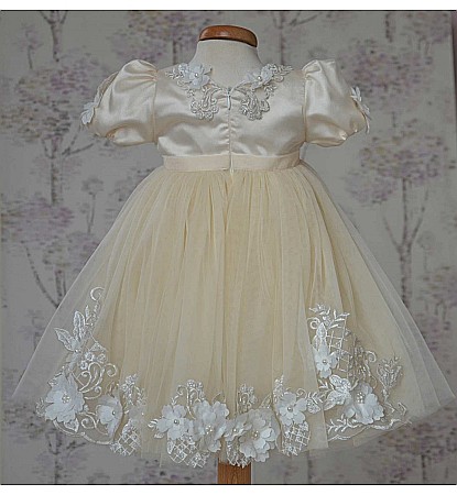 Rochite de botez fetite bej de vara cu dantela 3D, eleganta si suava, 3 piese, CLAUDE [2]