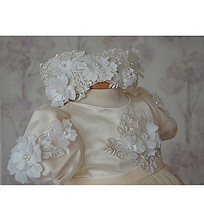 Rochite de botez fetite bej de vara cu dantela 3D, eleganta si suava, 3 piese, CLAUDE [3]