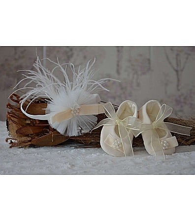 Accesorii hainute botez - Set bentita cu pene si botosei de botez fetita, Amelie