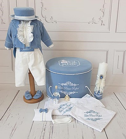 Costume Botez - Set costum bleu, lumanare si trusou de botez Ivan
