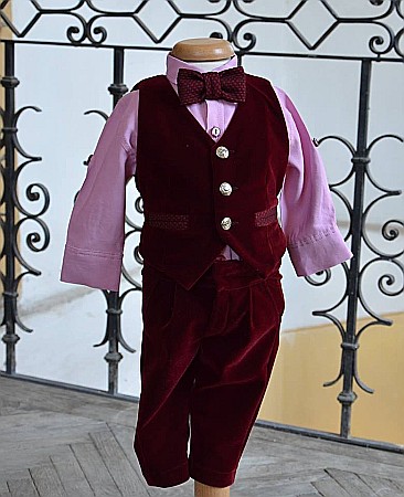 Costume Botez - Set costum de botez baiat LUCA, realizat din catifea bordo, contine 6 piese
