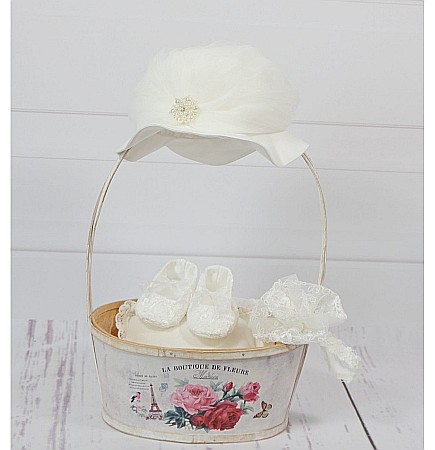 Accesorii hainute botez - Set palarie, botosei si bentita eleganta de botez fetita, Charlize