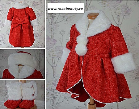 Rochite de Botez - Set paltonas de botez fetite din stofa brodata rosie cu blanita fina, 3 piese, LOVE