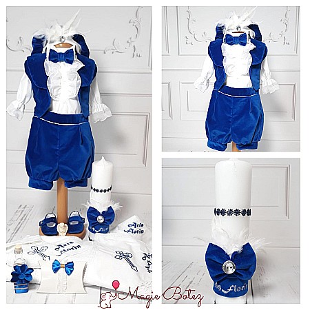 Costume Botez - Trusou complet costum botez baiat albastru pentru vara Intense Blue, din catifea
