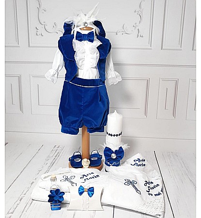 Trusou complet costum botez baiat albastru pentru vara Intense Blue, din catifea [1]