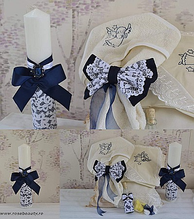 Trusou cu lumanare de botez baiat inclusa, broderie bleumarin, INGERAS [1]