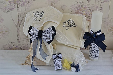 Trusou cu lumanare de botez baiat inclusa, broderie bleumarin, INGERAS