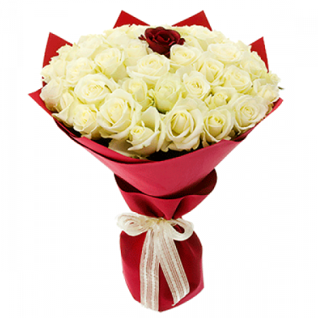 Aranjamente florale - Buchet 50 Trandafiri Albi + 1 Rosu