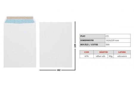 Plicuri - Plic C5 alb  siliconic, 162 x 229 mm, 500 buc/cutie