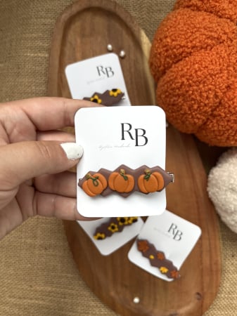 Autumn Collection - Agrafe zig-zag handmade din FIMO, maro cu frunze, bostănași și floarea soarelui, inspirate de culorile cozy de toamnă.