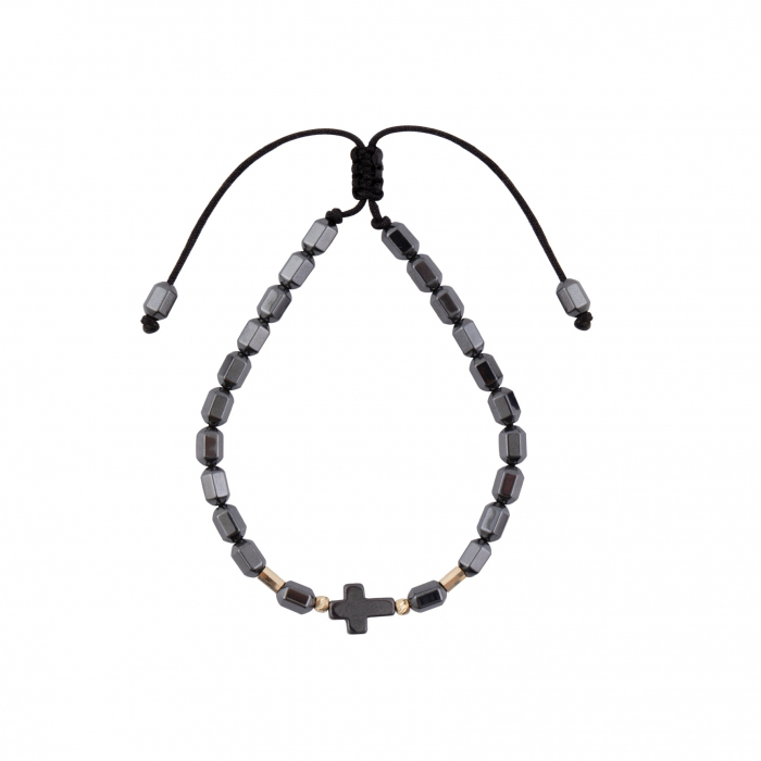 Bratara cu bile de Aur si Hematit, pandantiv cruciulita pe snur Royalstone, marime 17-19 cm [2]