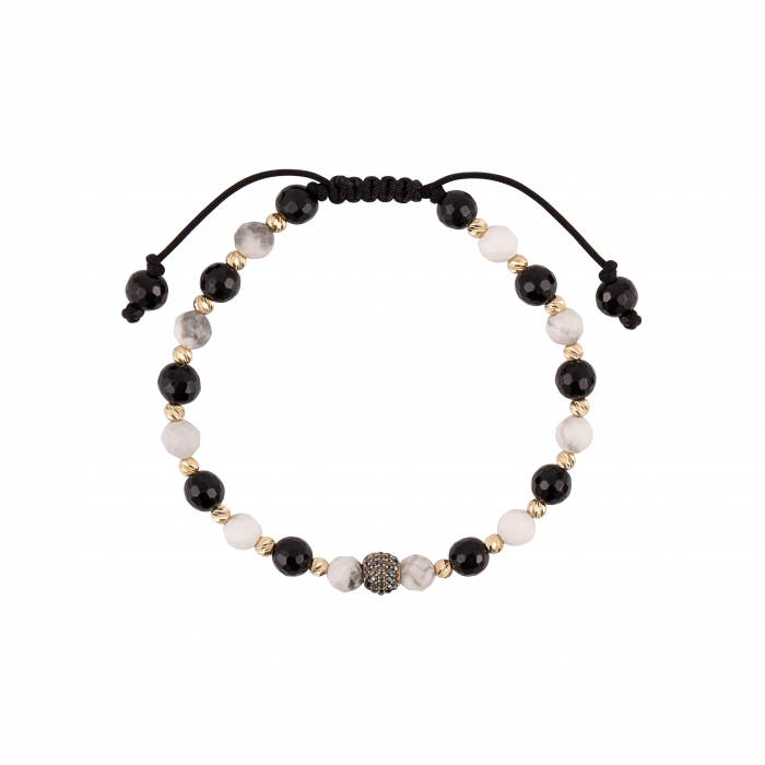 Bratara cu bile de Aur, Onix si Howlit, pe snur Royalstone, marime 17-19 cm [2]