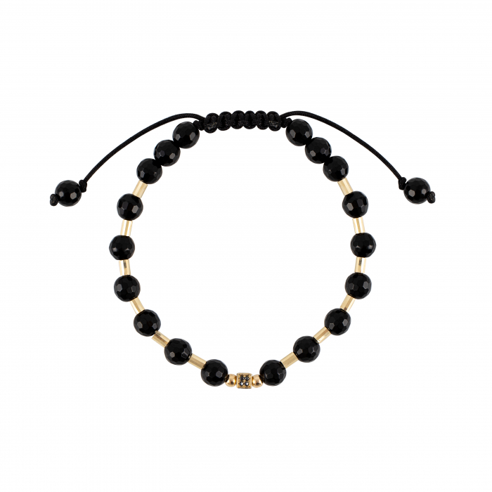 Bratara cu bile, cilindri de Aur si Onix, patrat cu Zirconiu, pe snur Royalstone, marime 17-19 cm [2]