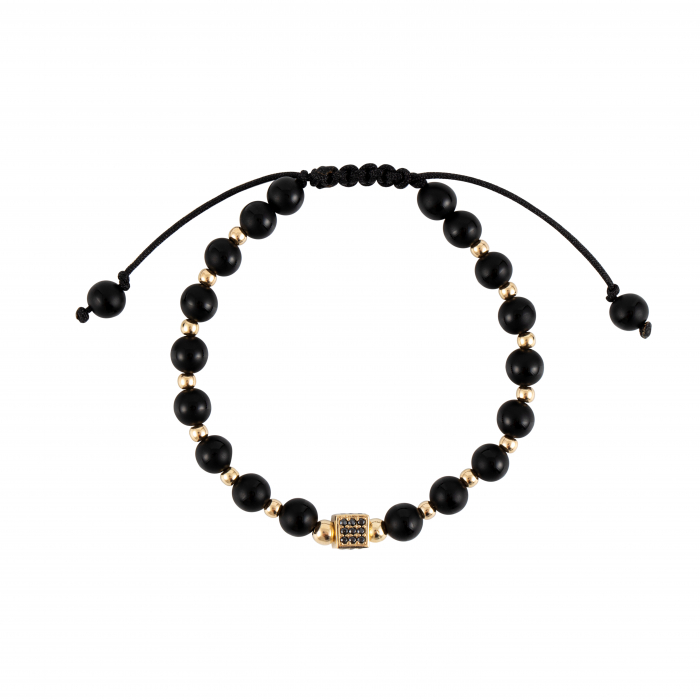 Bratara cu bile de Aur si Onix, patrat cu Zirconiu, pe snur Royalstone, marime 17-19 cm [2]