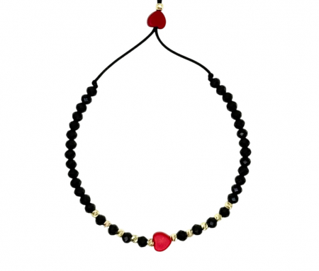 Bratara cu bile de Aur si Cristal fatetat negru, pandantiv inima, pe snur Royalstone, marime 14-16.5 cm [1]
