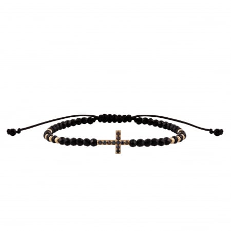 Brățări - Bratara cu bile de Aur si Cristal fatetat, cruciulita cu Zirconiu negru, cu inchizatoare Royalstone, marime 14-16.5 cm