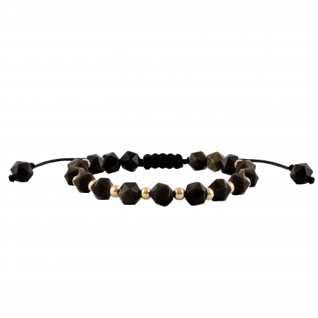Brățări - Bratara cu bile de Aur si Obsidian, pe snur Royalstone, marime 17-19 cm