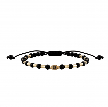Brățări - Bratara cu bile, cilindri de Aur si Onix, patrat cu Zirconiu, pe snur Royalstone, marime 14-16.5 cm