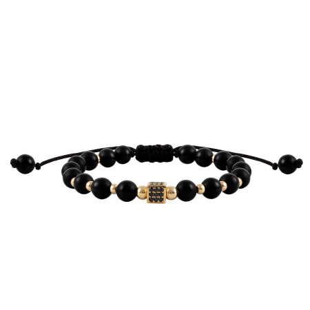 Brățări - Bratara cu bile de Aur si Onix, patrat cu Zirconiu, pe snur Royalstone, marime 17-19 cm