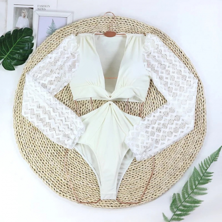 Costum de baie intreg cu maneci lungi alb Retro [5]
