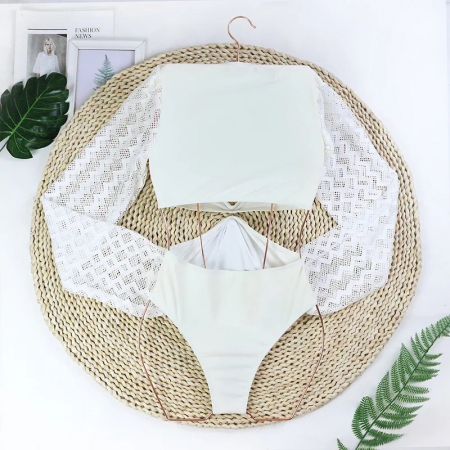 Costum de baie intreg cu maneci lungi alb Retro [6]