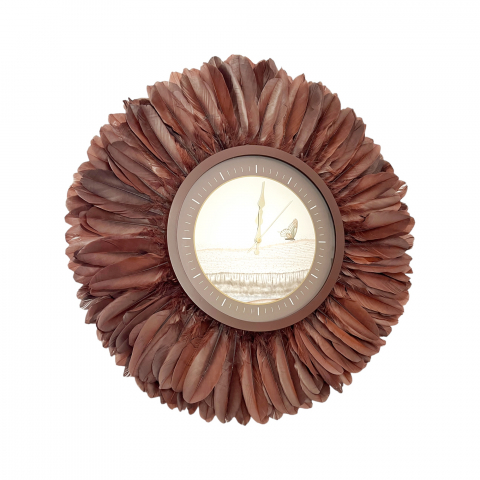 Ceas decorativa de perete cu pene maro BUTTERFLY, 65 cm [1]