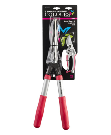 Unelte gradinarit - Set cadou cu doua foarfeci, pentru gard viu si gradinarit tip bypass, manere roz, Spear & Jackson Colours