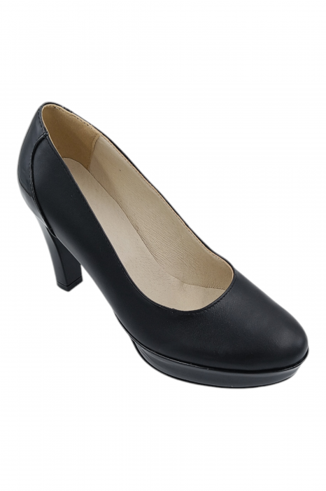 Pantofi damă eleganți, piele naturală cu lac, vârf rotund, toc înalt îmbrăcat, negru [3]