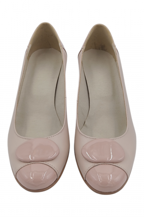 Pantofi damă eleganți, piele naturală cu lac, vârf rotund, toc mic si conic, bej [5]