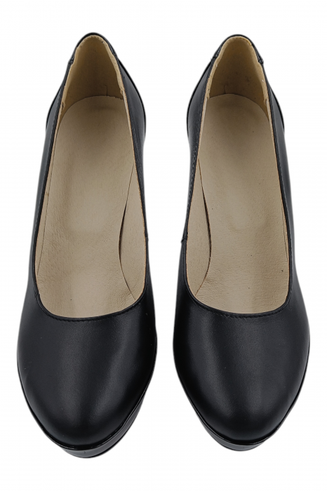 Pantofi damă eleganți, piele naturală cu lac, vârf rotund, toc înalt îmbrăcat, negru [5]