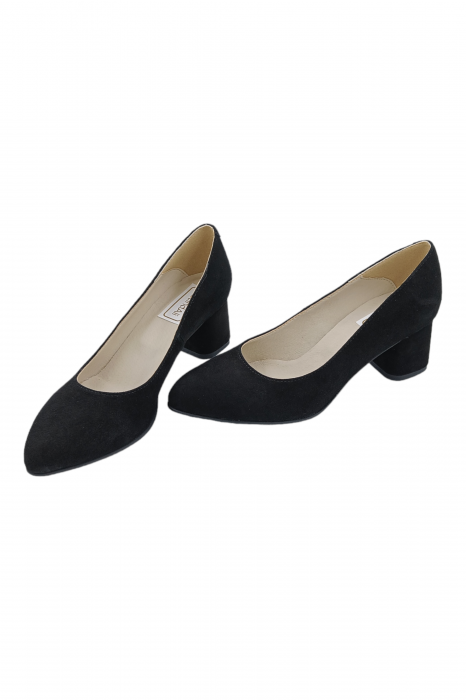 Pantofi damă eleganți, piele naturală velur, varf migdalat, toc gros îmbrăcat, negru. SANDALI [5]