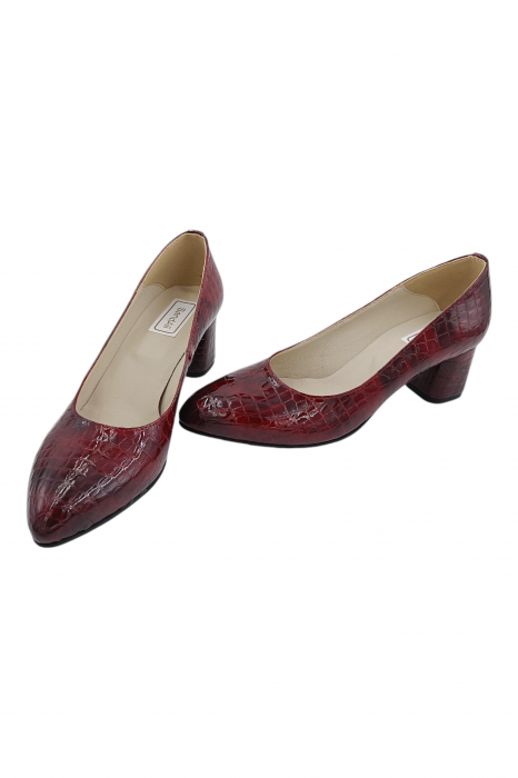 Pantofi damă eleganți, piele naturală lacuita croco, varf rotund, toc gros mediu, visiniu [5]