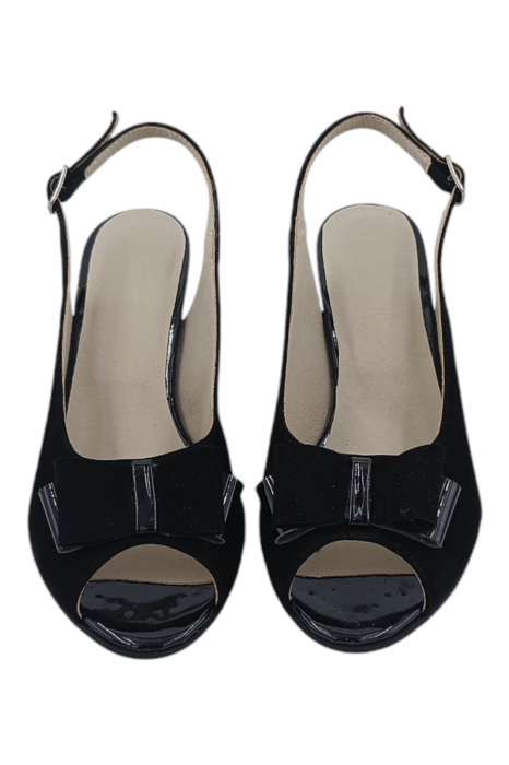 Sandale damă eleganți, piele naturală întoarsă, vârf decupat cu fundă, toc conic, negru [4]