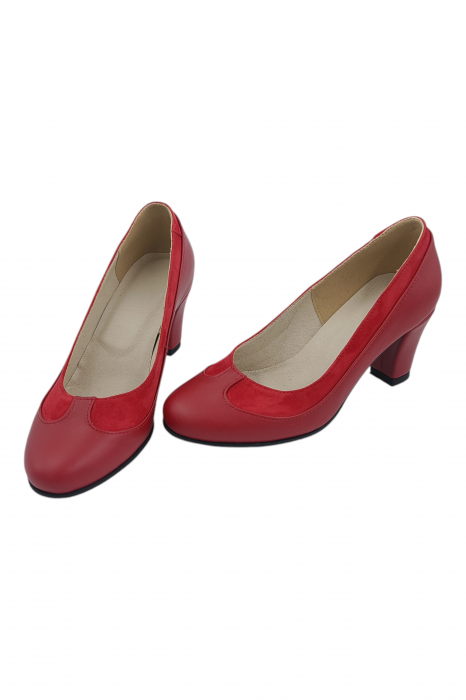 Pantofi damă eleganți, piele naturală, vârf rotund, toc gros mediu, roșu [5]