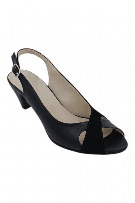 Sandale damă eleganți, piele naturală cu piele întoarsă, vârf decupat, toc conic, negru [2]